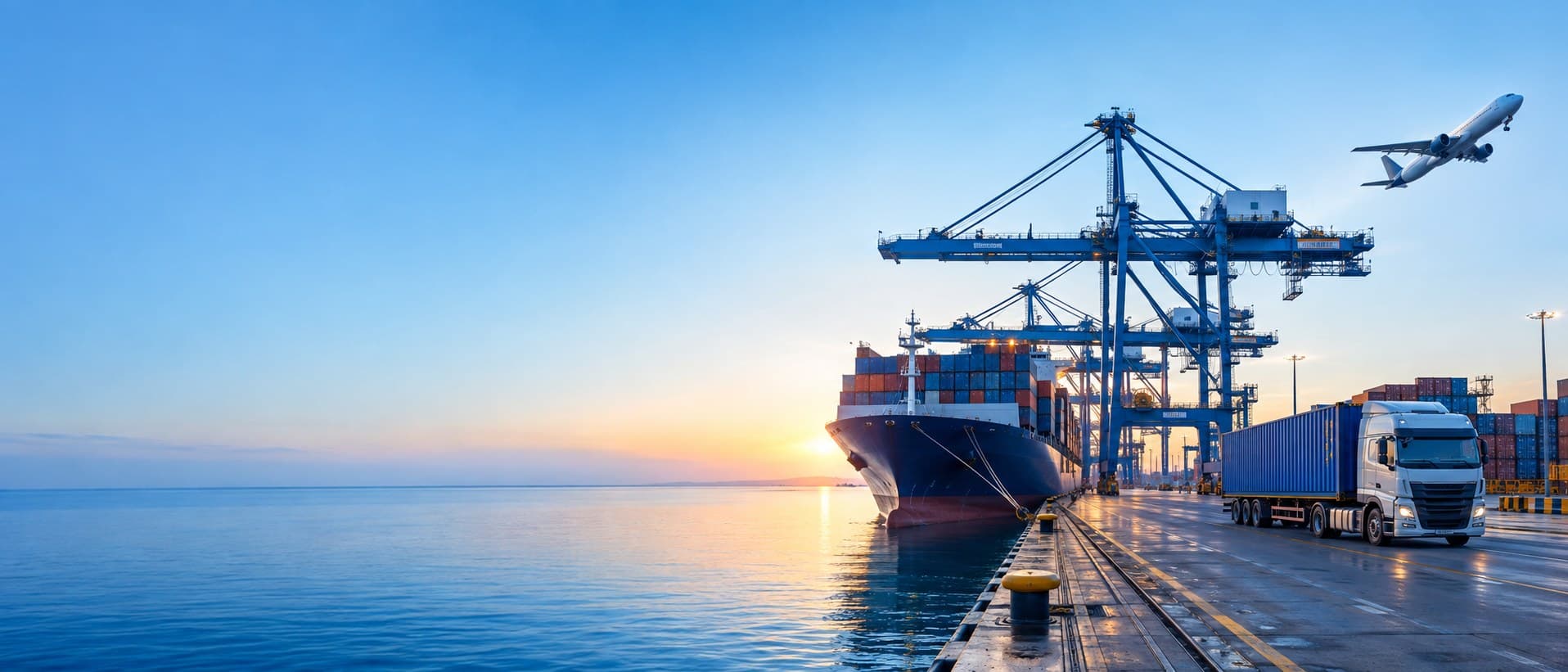 Container ship, cargo plane and truck in a port
